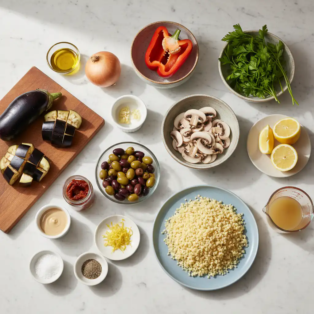 A colorful array of fresh vegetables, herbs, and spices laid out for a Mediterranean Eggplant Pocket Bake.