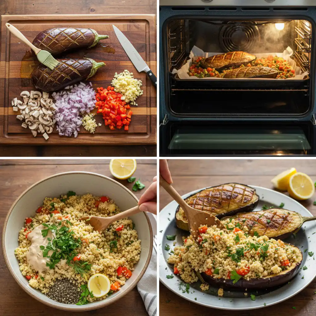 Hands carefully layering the components of a Mediterranean Eggplant Pocket Bake in a casserole dish.