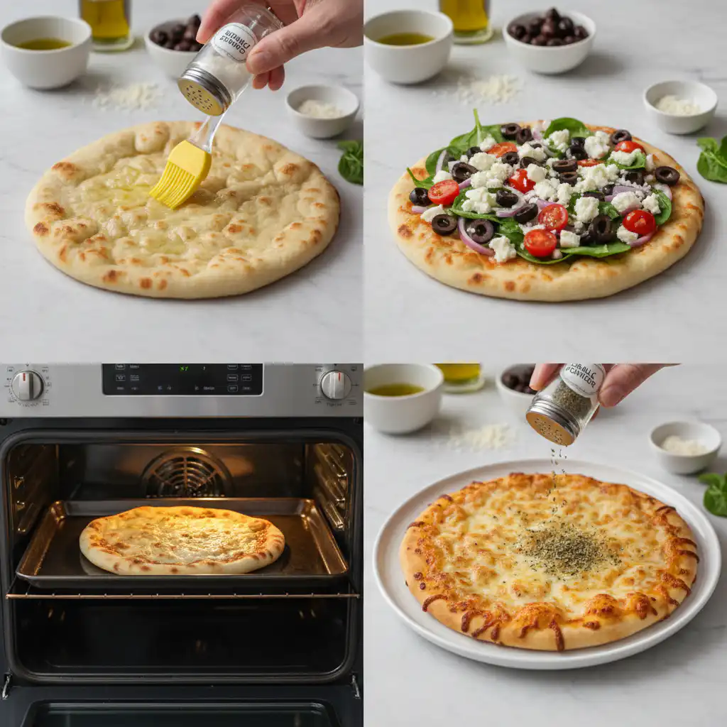 Hands expertly spreading colorful toppings onto a Mediterranean Flatbread Pizza base before baking.