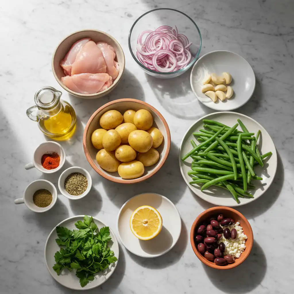 Fresh ingredients for Mediterranean lemon chicken with potatoes and green beans, ready for a delicious one-pan dinner.