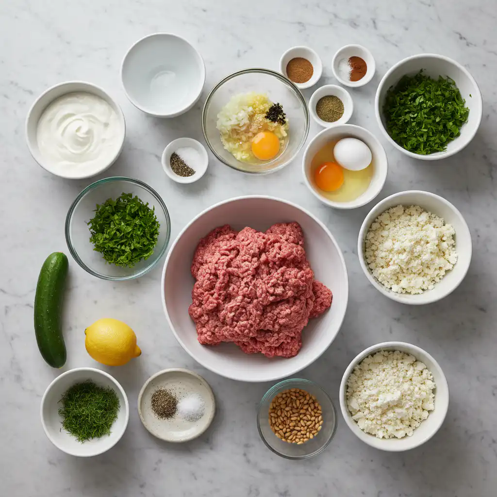 mediterranean-meatballs-ingredients A vibrant collection of fresh herbs, ground lamb, and spices laid out for delicious mediterranean meatballs.