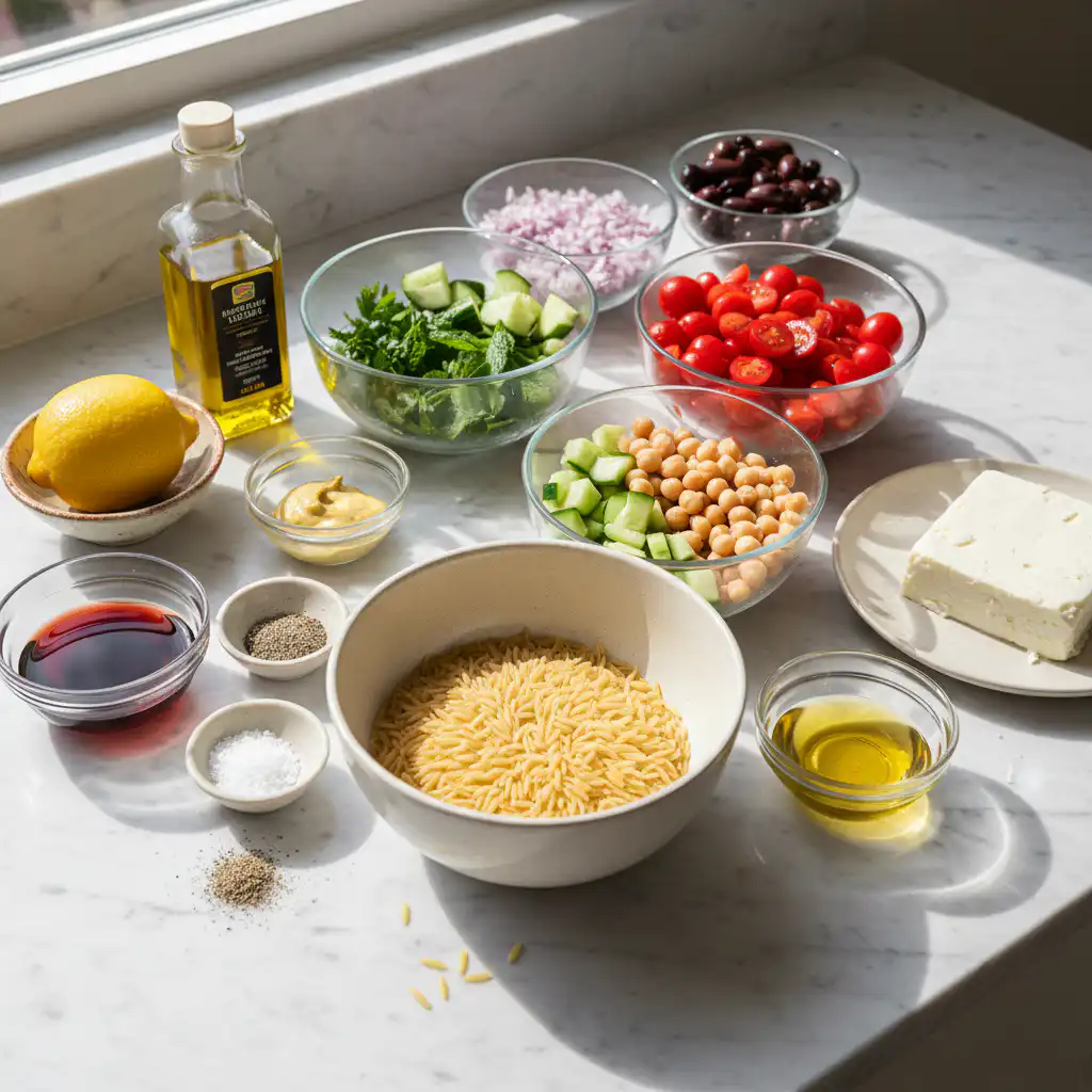 mediterranean-orzo-salad-ingredients A vibrant collection of fresh vegetables, feta cheese, and orzo pasta laid out for a mediterranean orzo salad.