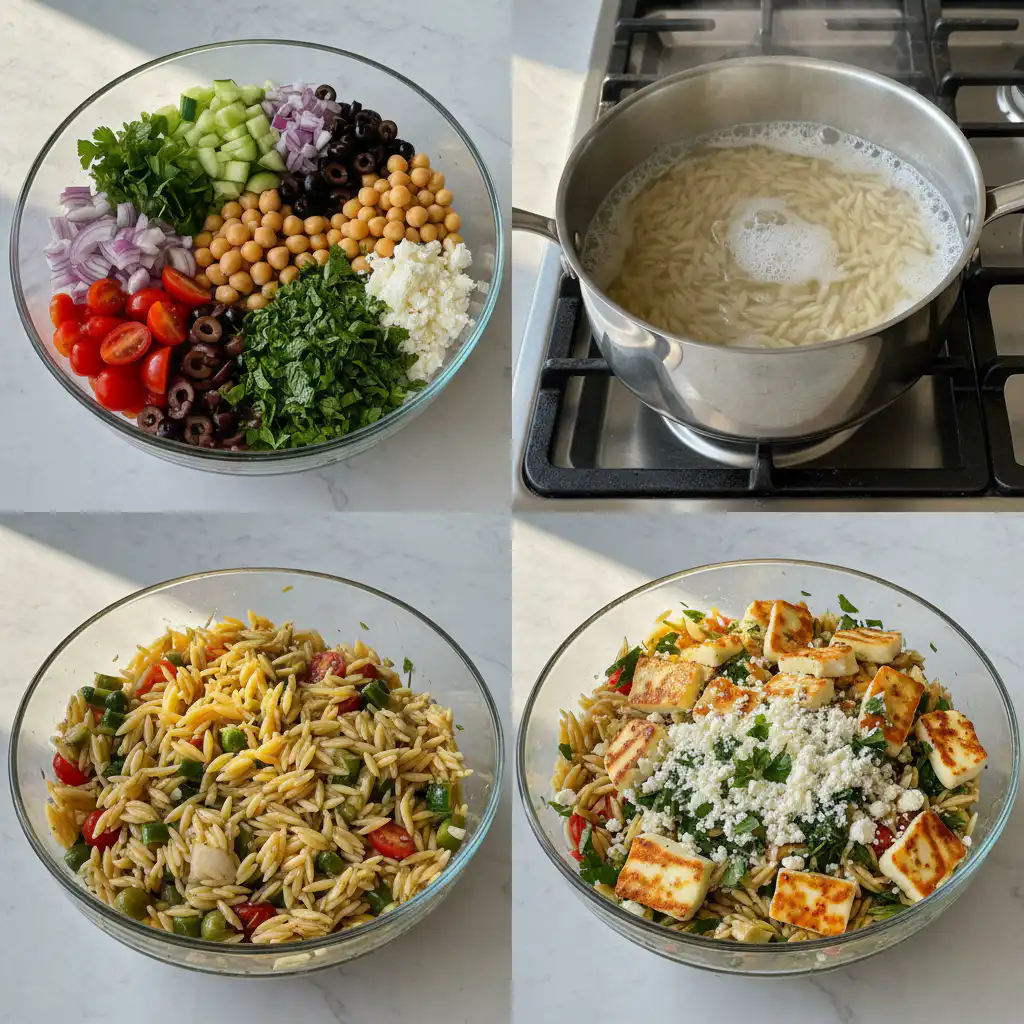 mediterranean-orzo-salad-prep Hands are gently mixing vibrant chopped vegetables, crumbled feta, and cooked orzo pasta in a large bowl to create a mediterranean orzo salad.