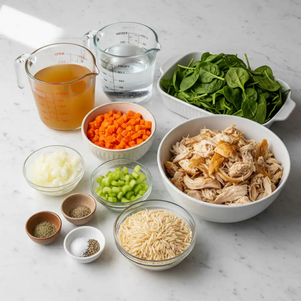 mediterranean-orzo-soup-ingredients A vibrant array of fresh vegetables, orzo, and herbs laid out for Mediterranean Orzo Soup.