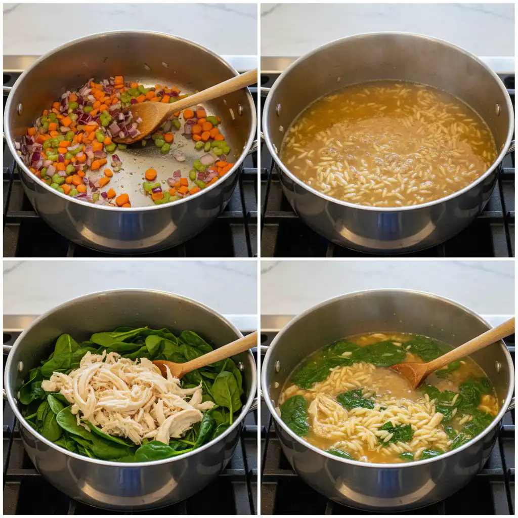mediterranean-orzo-soup-prep Hands stirring vegetables and orzo in a pot during the preparation of Mediterranean Orzo Soup.