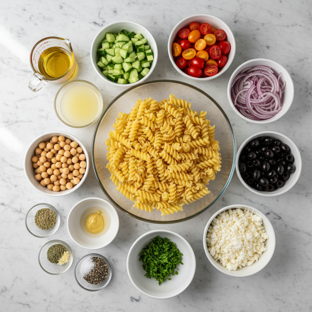 mediterranean-pasta-salad-ingredients A colorful array of fresh ingredients laid out, ready to make a delicious Mediterranean pasta salad.