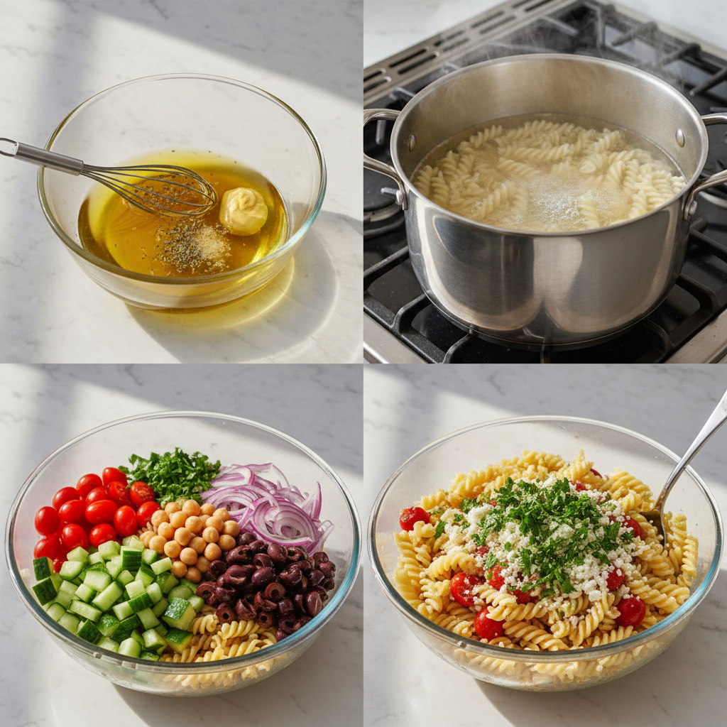 mediterranean-pasta-salad-prep Hands tossing cooked pasta with chopped vegetables and dressing, preparing a Mediterranean pasta salad.