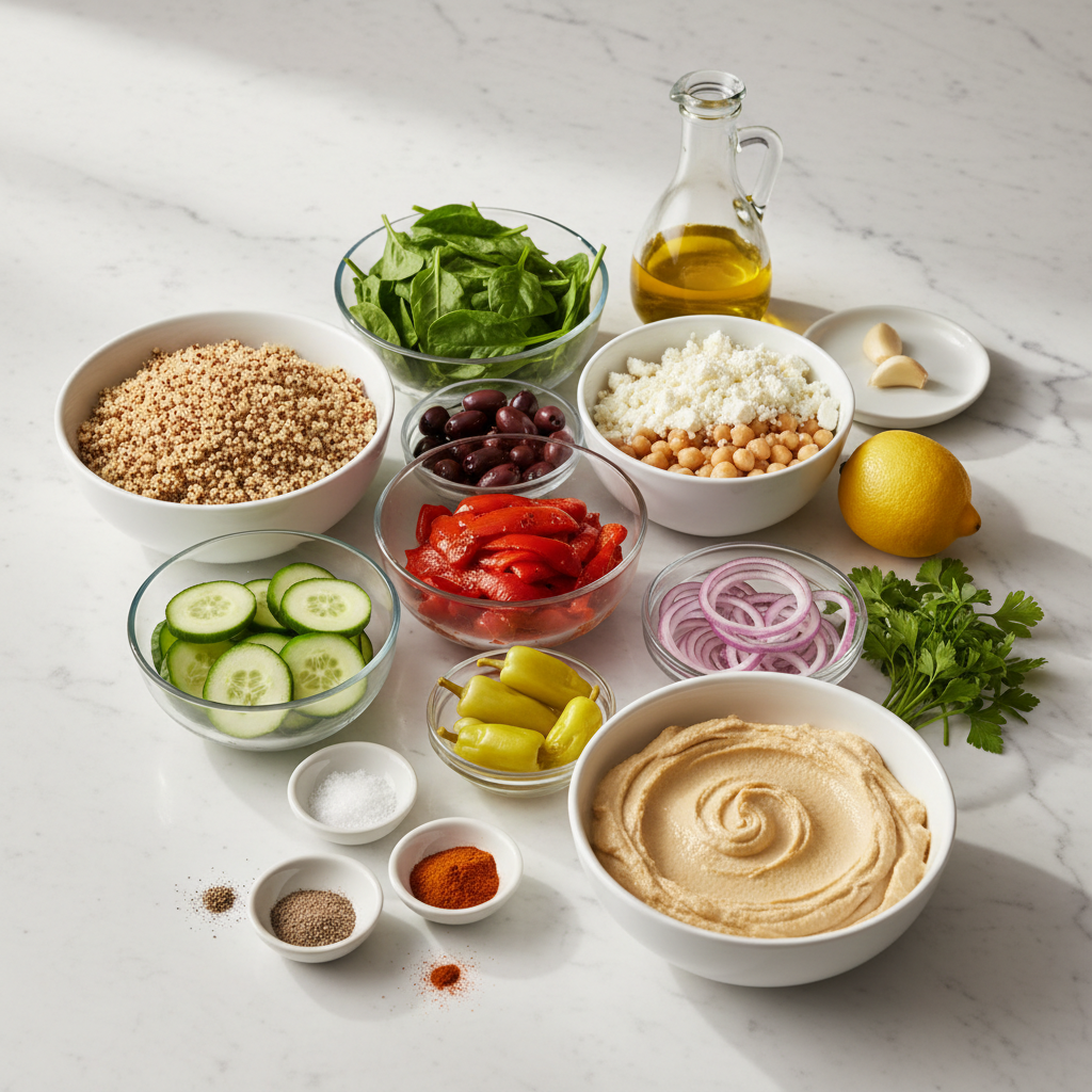 mediterranean-quinoa-bowl-ingredients Fresh, vibrant ingredients for a Mediterranean quinoa bowl, including cherry tomatoes, cucumber, feta, and olives.