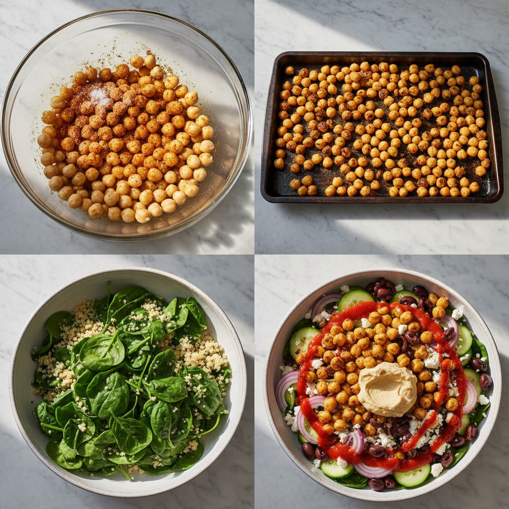 mediterranean-quinoa-bowl-prep Hands assembling a fresh Mediterranean quinoa bowl with colorful vegetables and chickpeas.