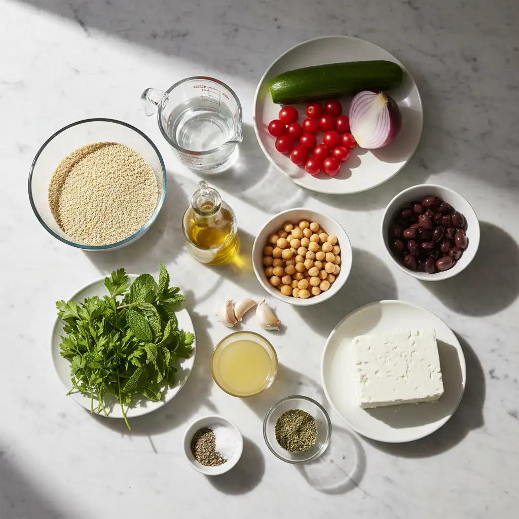 mediterranean-quinoa-salad-ingredients Fresh, colorful ingredients laid out on a board, ready for a vibrant mediterranean quinoa salad.