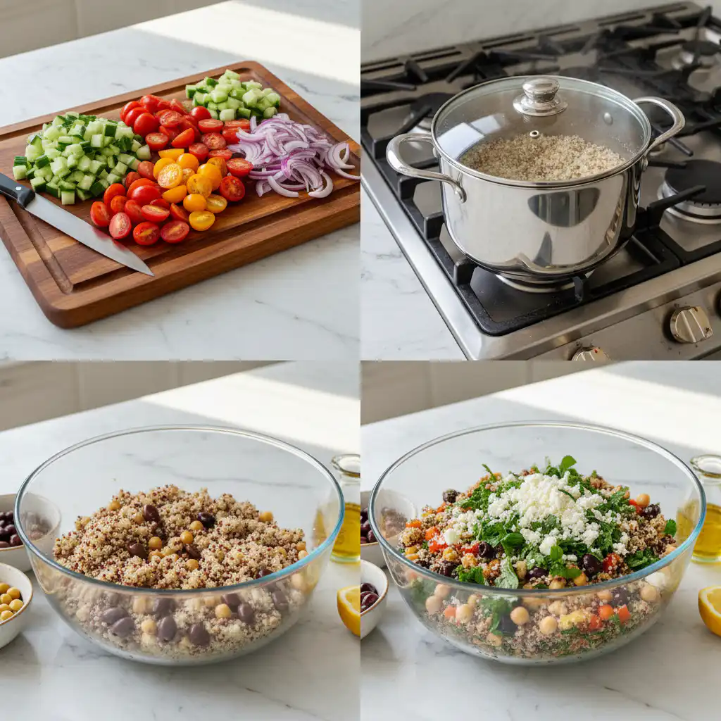 mediterranean-quinoa-salad-prep Hands gently tossing fresh vegetables and cooked quinoa with dressing for a mediterranean quinoa salad.
