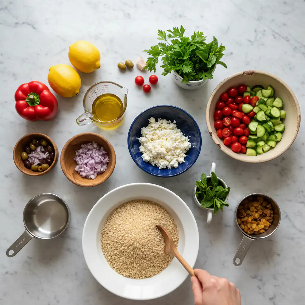 mediterranean-rice-recipe-ingredients A colorful array of fresh vegetables, aromatic herbs, and uncooked rice, neatly arranged for a Mediterranean rice recipe.