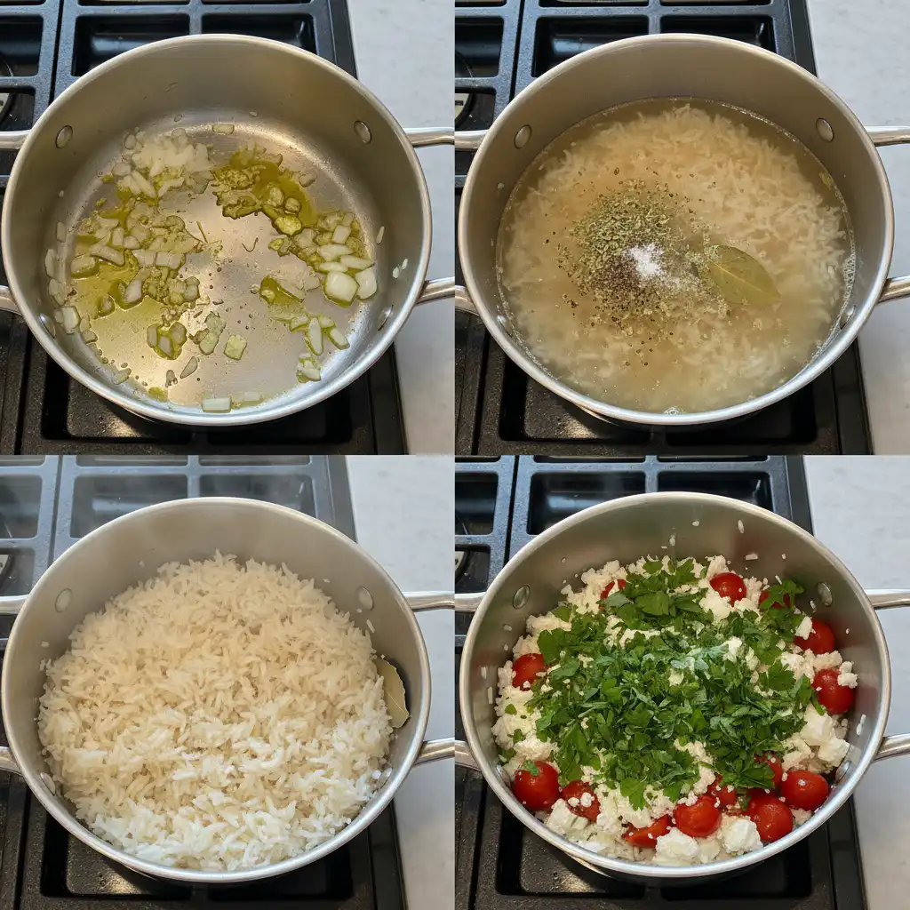 mediterranean-rice-recipe-prep A skilled cook's hands gently stirring chopped vegetables and rice in a pan during the preparation of a Mediterranean rice recipe.
