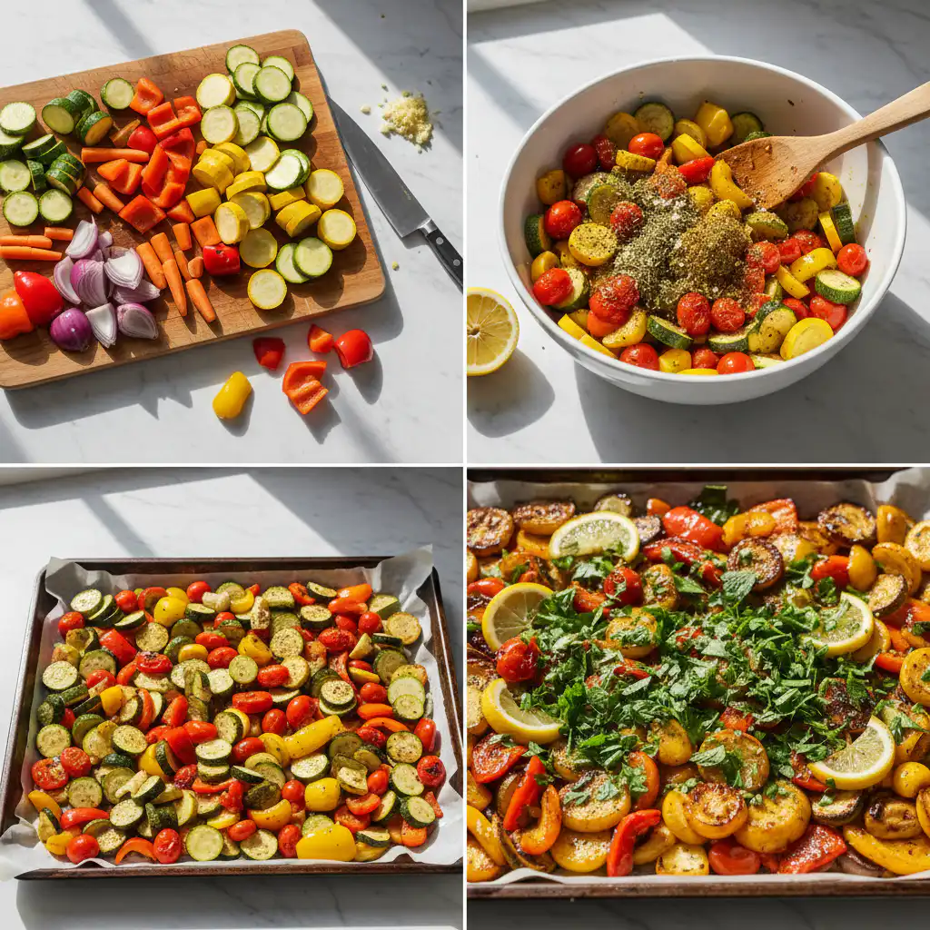 Chopped bell peppers, zucchini, and cherry tomatoes tossed with olive oil and spices on a baking sheet, preparing Mediterranean roasted vegetables.