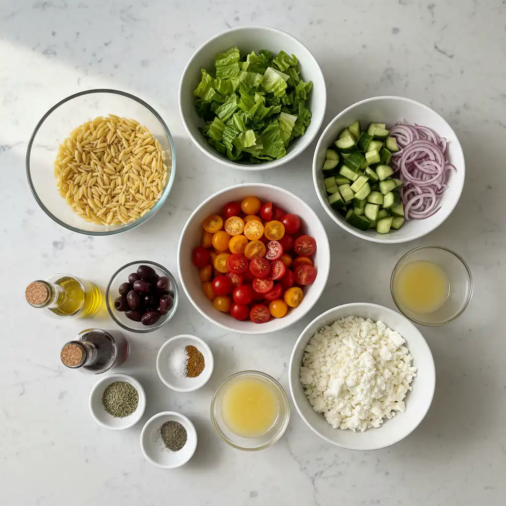 A vibrant assortment of fresh vegetables, herbs, and feta cheese laid out for a Mediterranean salad recipe.