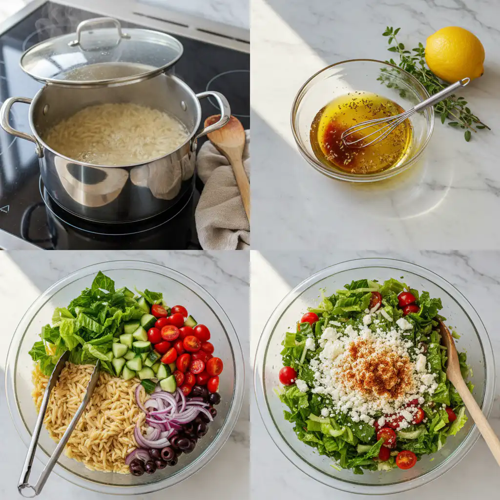 Hands gently tossing chopped cucumbers, tomatoes, and olives with dressing in a bowl for a Mediterranean salad recipe.