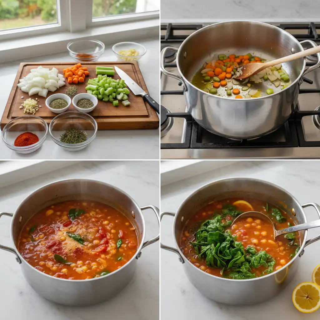 mediterranean-soup-prep Hands stirring a bubbling pot of chopped vegetables and broth during the preparation of Mediterranean Soup.