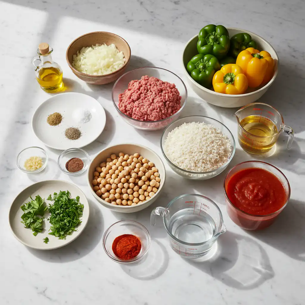 mediterranean-stuffed-peppers-ingredients A vibrant array of fresh vegetables and herbs, ready for Mediterranean Stuffed Peppers.
