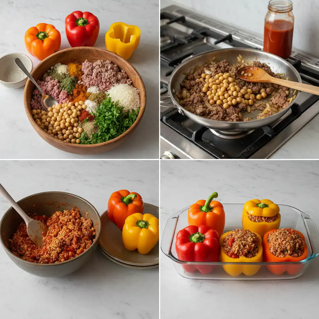 mediterranean-stuffed-peppers-prep Hands meticulously filling colorful bell peppers with a savory mixture for Mediterranean Stuffed Peppers.