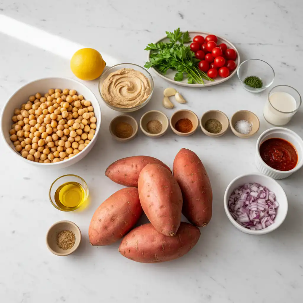 A vibrant array of fresh ingredients for Mediterranean stuffed sweet potatoes vegan, including roasted chickpeas, spinach, and herbs.