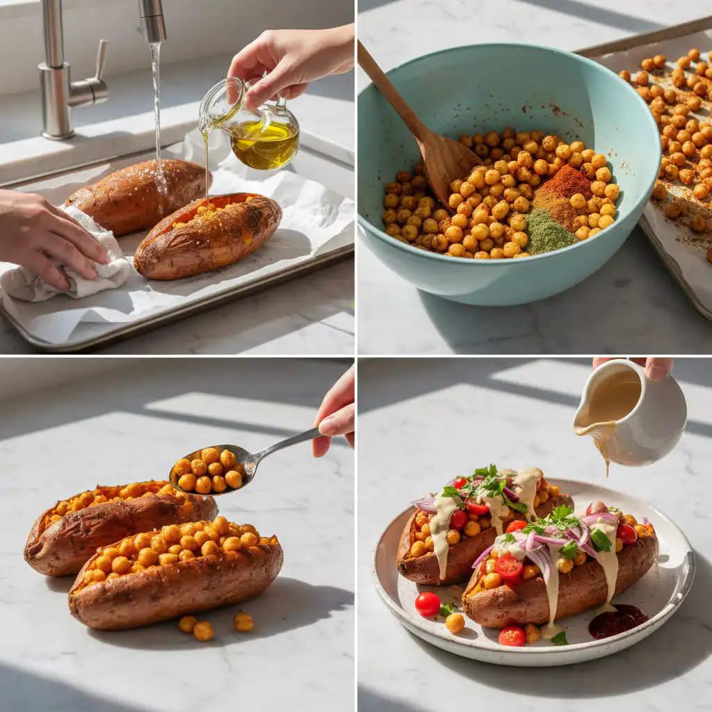 Hands carefully scooping a savory filling into baked sweet potatoes, preparing mediterranean stuffed sweet potatoes vegan.
