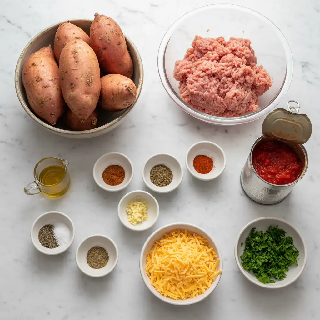 Colorful fresh vegetables, lean ground turkey, and vibrant sweet potatoes are ready for making mexican stuffed sweet potatoes.