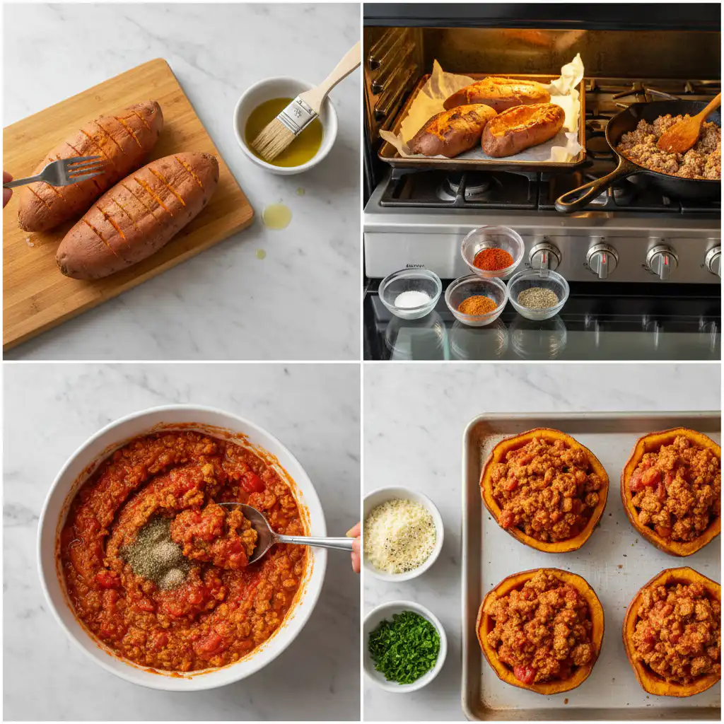 Hands scooping the seasoned ground turkey and black bean mixture into baked sweet potato halves for delicious mexican stuffed sweet potatoes ground turkey.