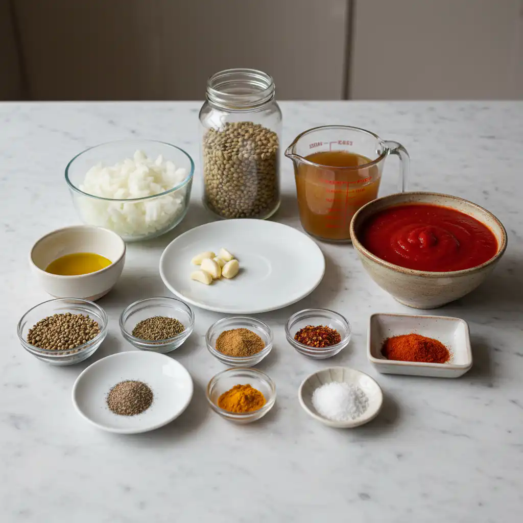 A vibrant display of fresh ingredients for a moroccan lentil soup recipe, including spices, vegetables, and lentils.