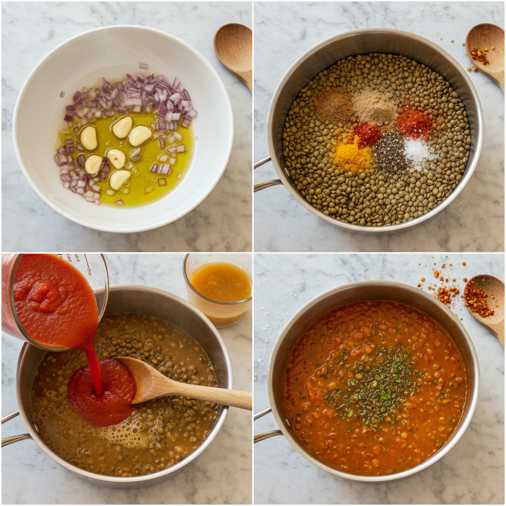 Hands preparing vegetables for a moroccan lentil soup recipe, dicing onions and carrots on a wooden board.