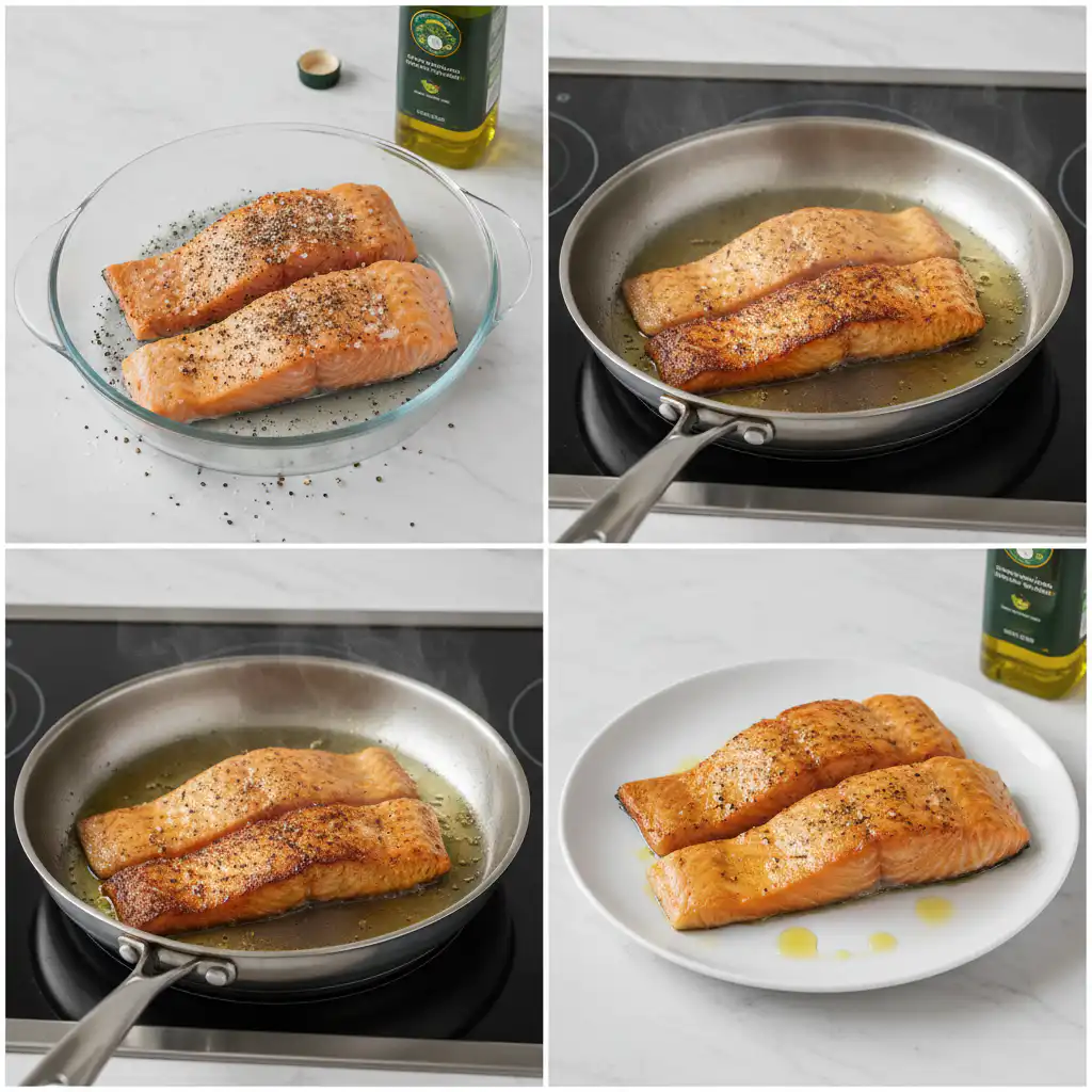 pan-seared-salmon-prep A seasoned salmon fillet being carefully placed into a hot, sizzling pan, beginning the pan seared salmon process.