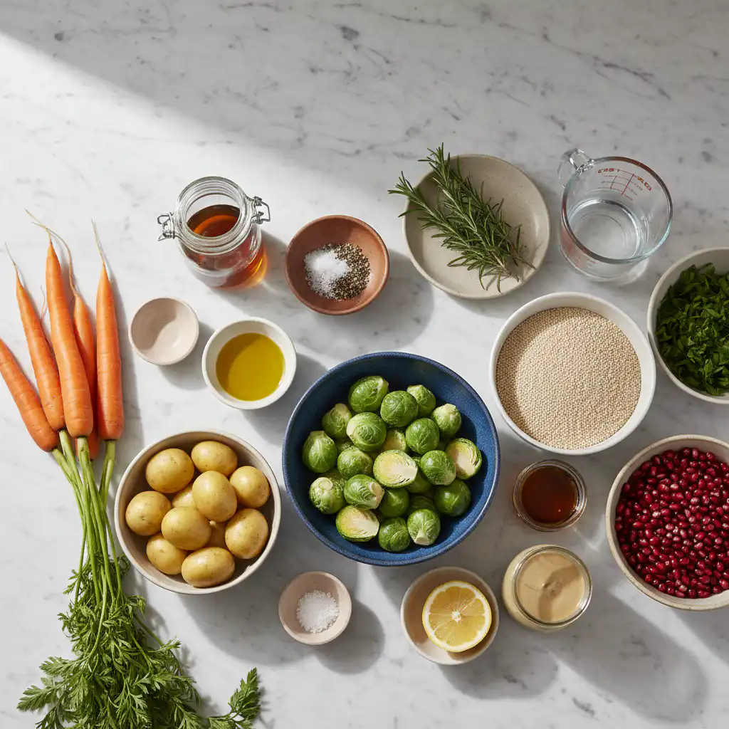 roasted-autumn-vegetable-quinoa-harvest-bowls-ingredients A vibrant collection of fresh, colorful vegetables and dry quinoa, ready for making delicious Roasted Autumn Vegetable and Quinoa Harvest Bowls.