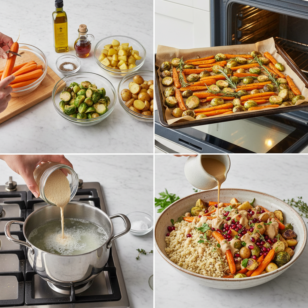 roasted-autumn-vegetable-quinoa-harvest-bowls-prep Hands preparing a sheet pan of autumn vegetables and cooked quinoa, a key step for Roasted Autumn Vegetable and Quinoa Harvest Bowls.