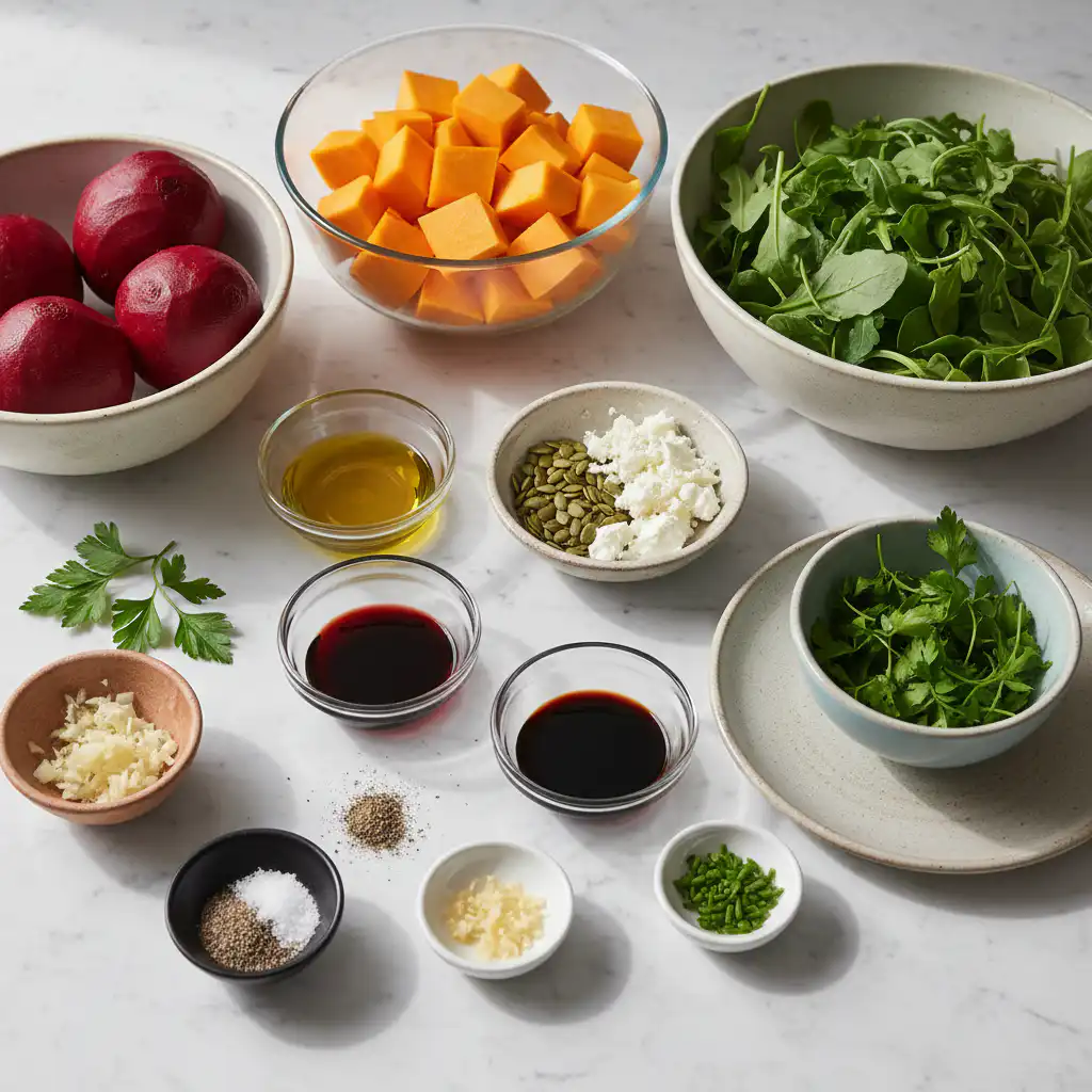 roasted-beet-butternut-squash-salad-ingredients A vibrant collection of fresh ingredients for a roasted beet and butternut squash salad, featuring bright orange squash and deep red beets.