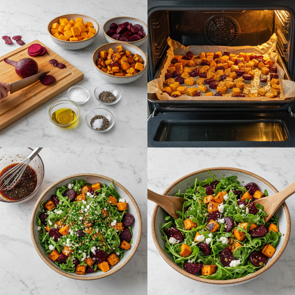 roasted-beet-butternut-squash-salad-prep Hands are shown actively preparing the vegetables for a roasted beet and butternut squash salad, dicing butternut squash and slicing beets.