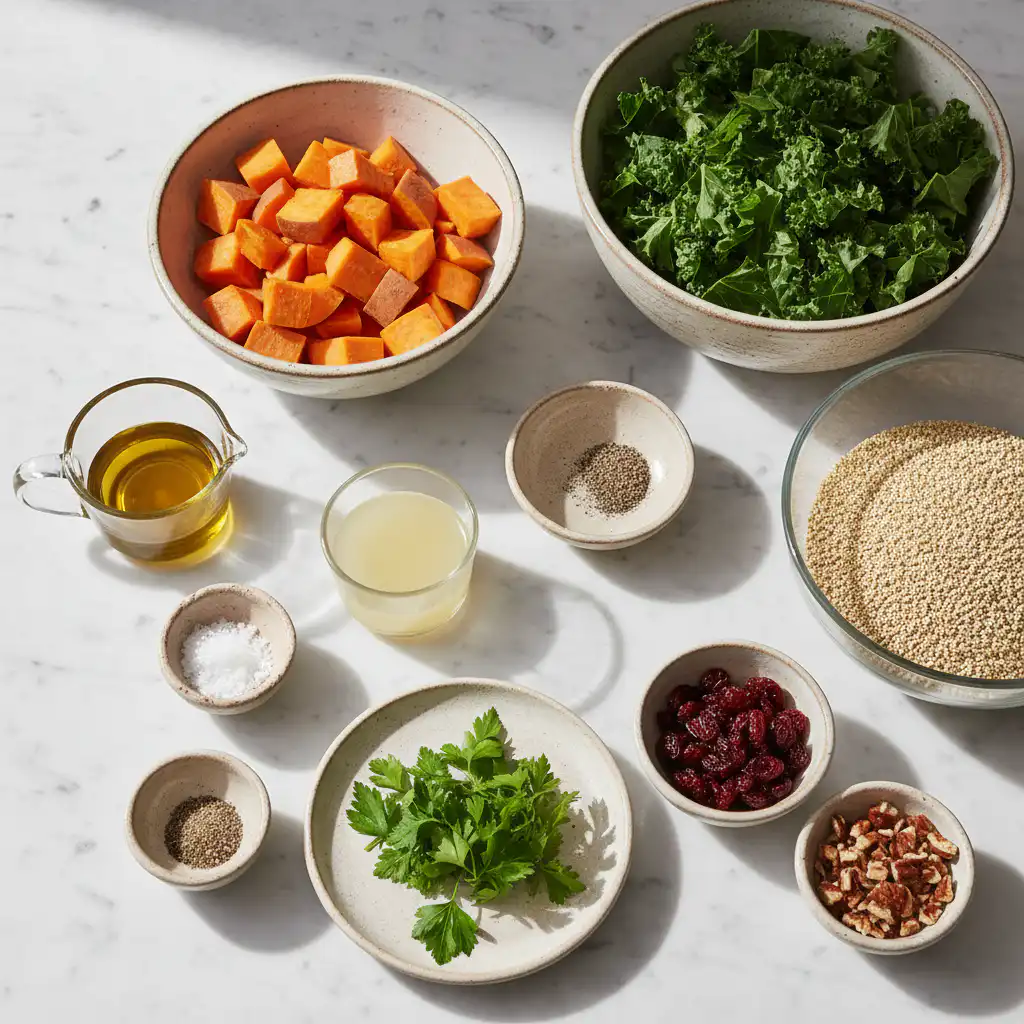 Fresh, colorful ingredients for a roasted sweet potato kale and quinoa salad, including vibrant kale, orange sweet potatoes, and fluffy quinoa.