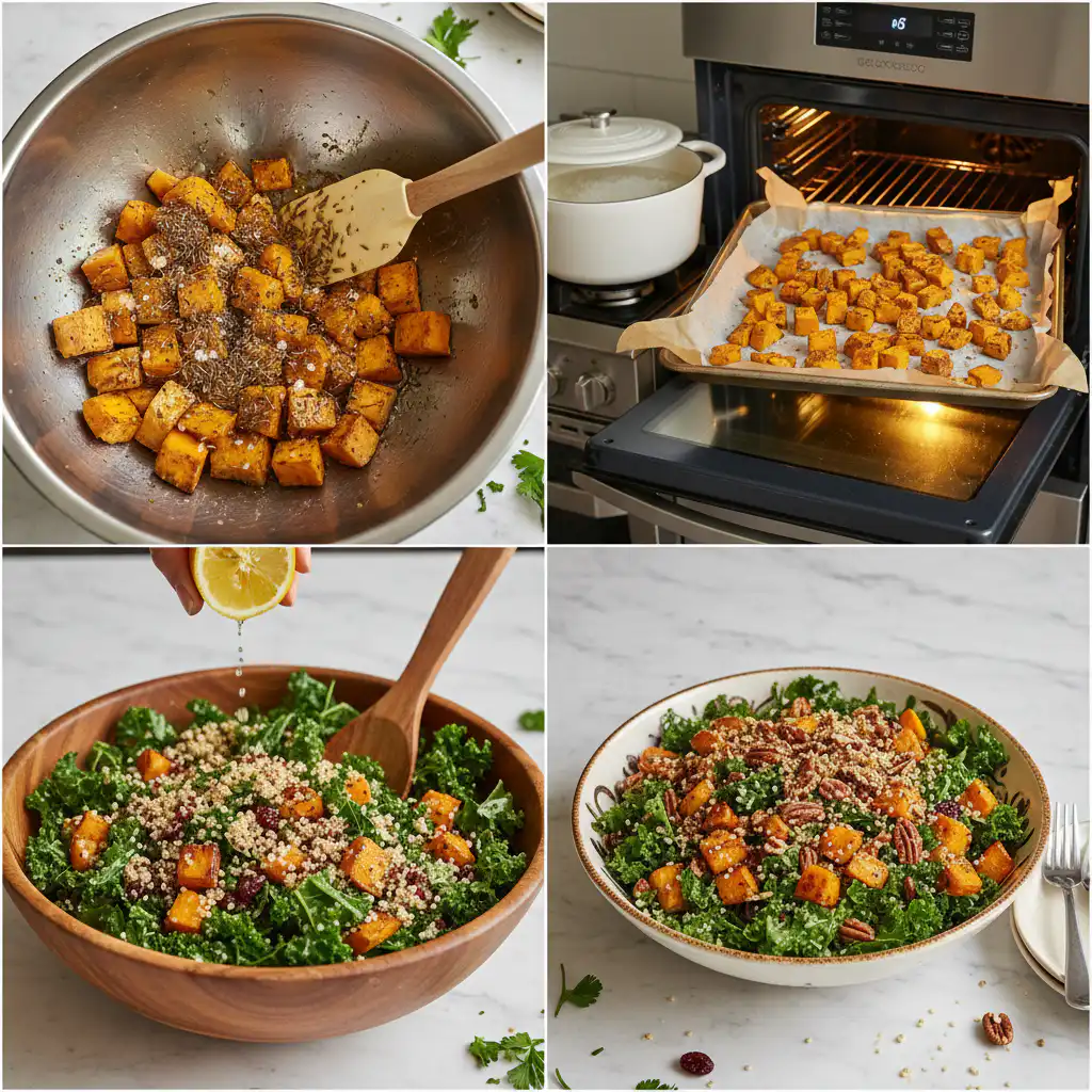 Hands tossing roasted sweet potato, massaged kale, and cooked quinoa together for a wholesome roasted sweet potato kale and quinoa salad.