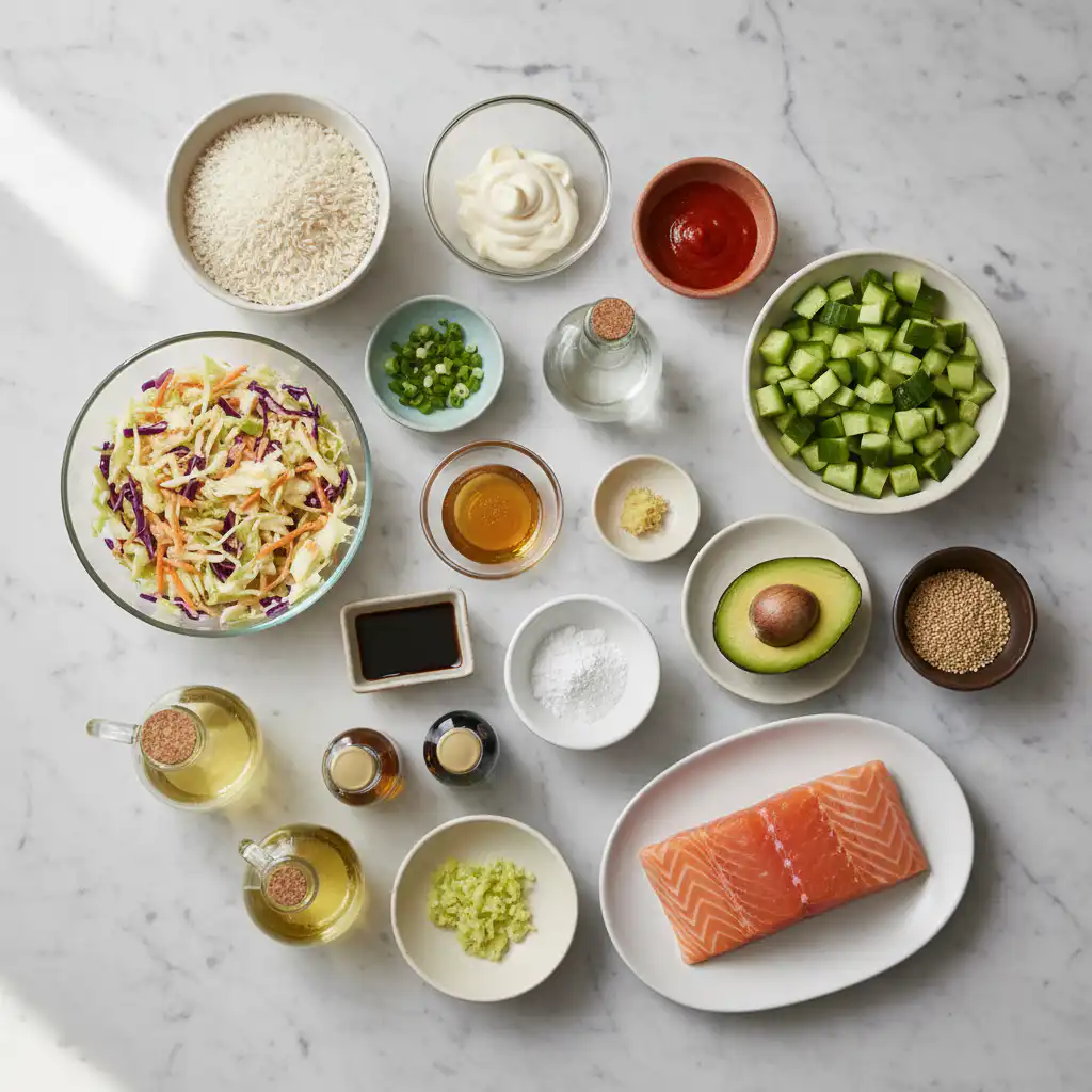 salmon-rice-bowl-ingredients Fresh ingredients laid out for a delicious salmon rice bowl, including vibrant salmon fillets and crisp vegetables.