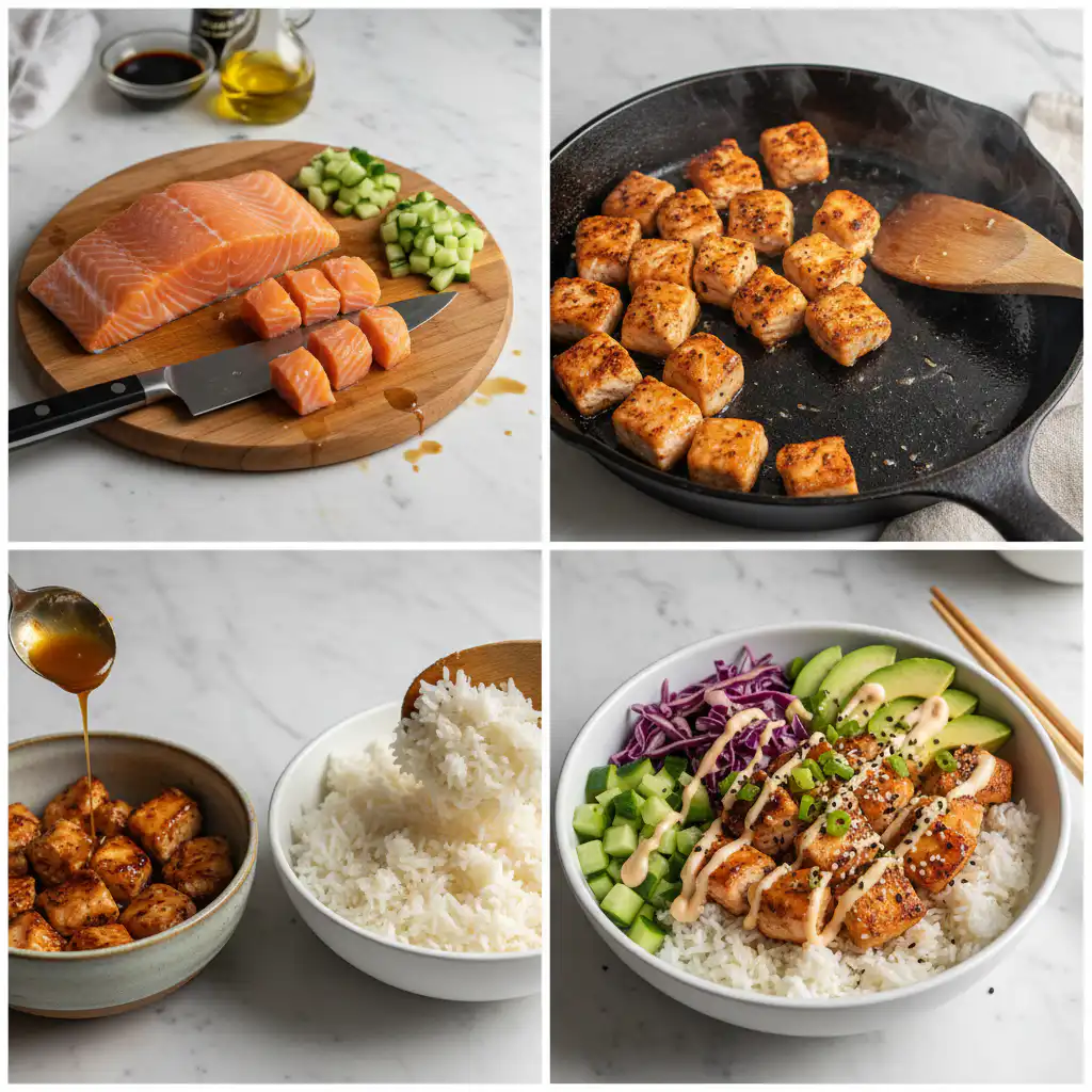 salmon-rice-bowl-prep Hands assembling a homemade salmon rice bowl with perfectly cooked salmon and colorful toppings.