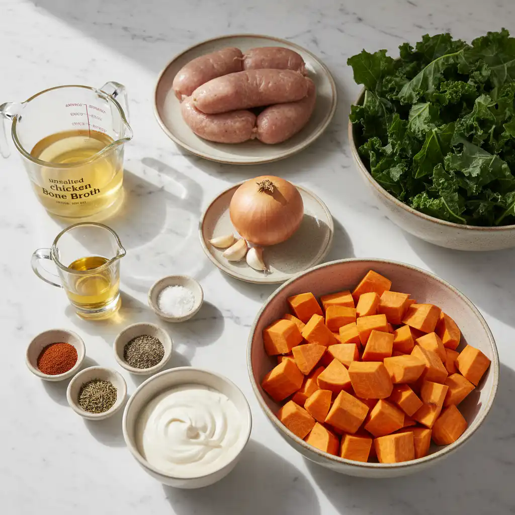A colorful array of fresh ingredients for Sausage Sweet Potato and Kale Soup, including vibrant kale, diced sweet potato, and savory sausage.