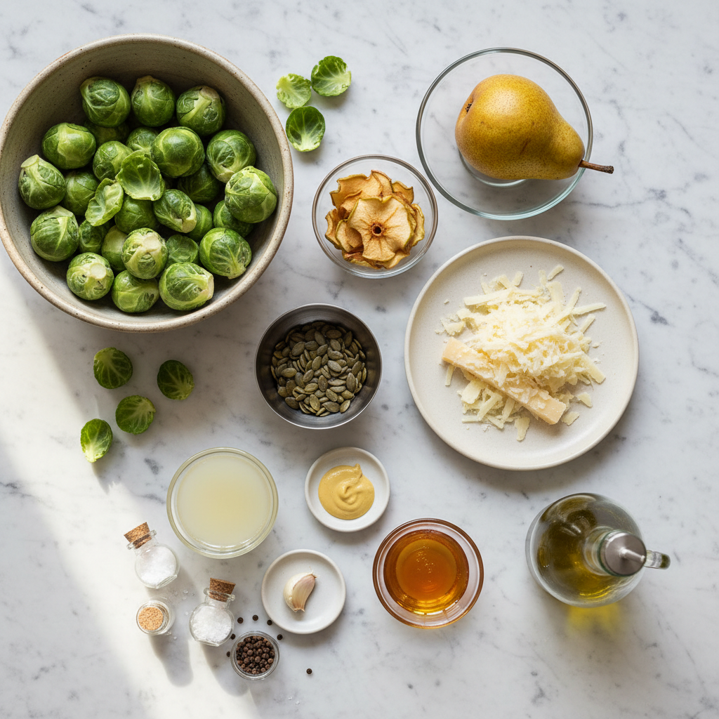 A vibrant collection of fresh produce, including thinly sliced brussels sprouts and ripe pears, laid out for a shaved brussels sprout and pear salad.