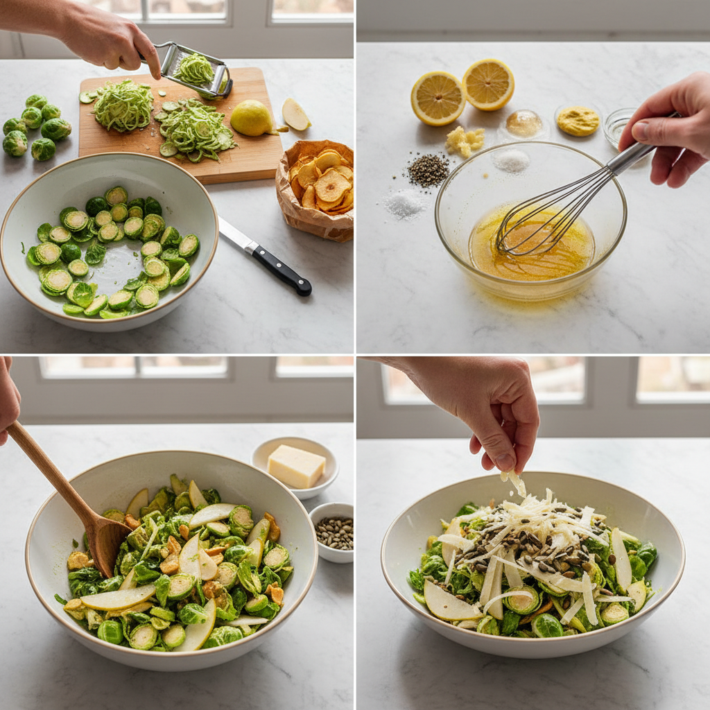 Hands skillfully thinly slicing fresh brussels sprouts and pears, demonstrating key preparation for a shaved brussels sprout and pear salad.