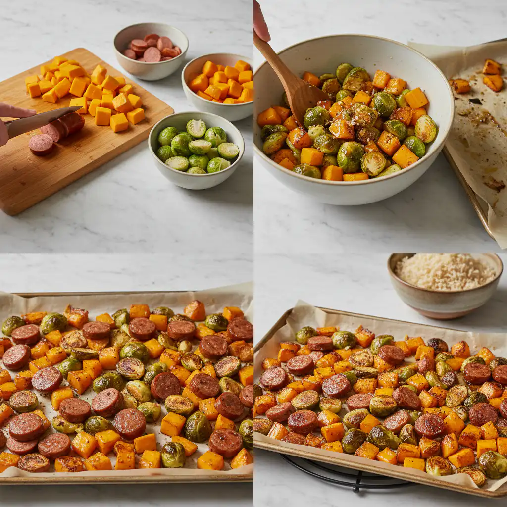 A sheet pan loaded with seasoned Sheet Pan Fall Sausage and Roasted Butternut Squash ready for the oven.