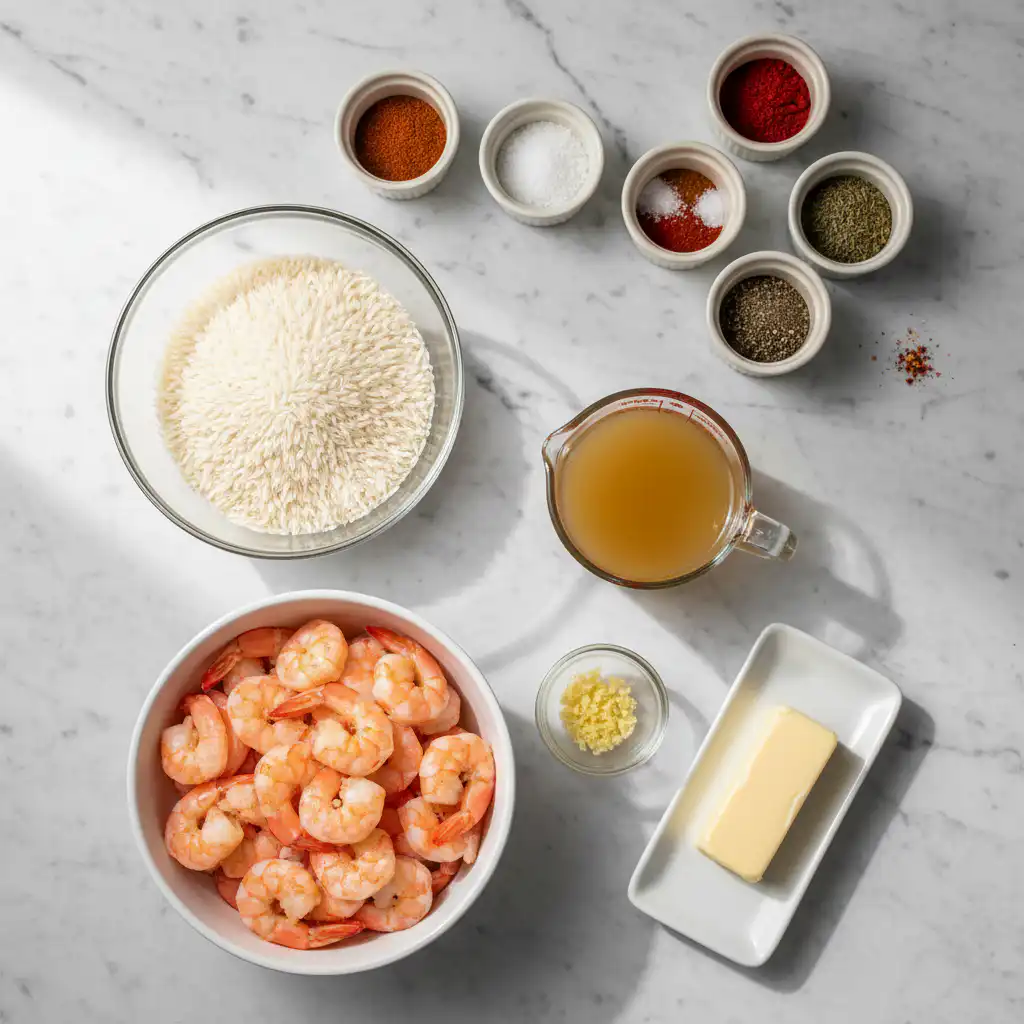 shrimp-and-rice-recipe-ingredients Fresh shrimp, vibrant vegetables, and fluffy rice laid out for a delicious shrimp and rice recipe.