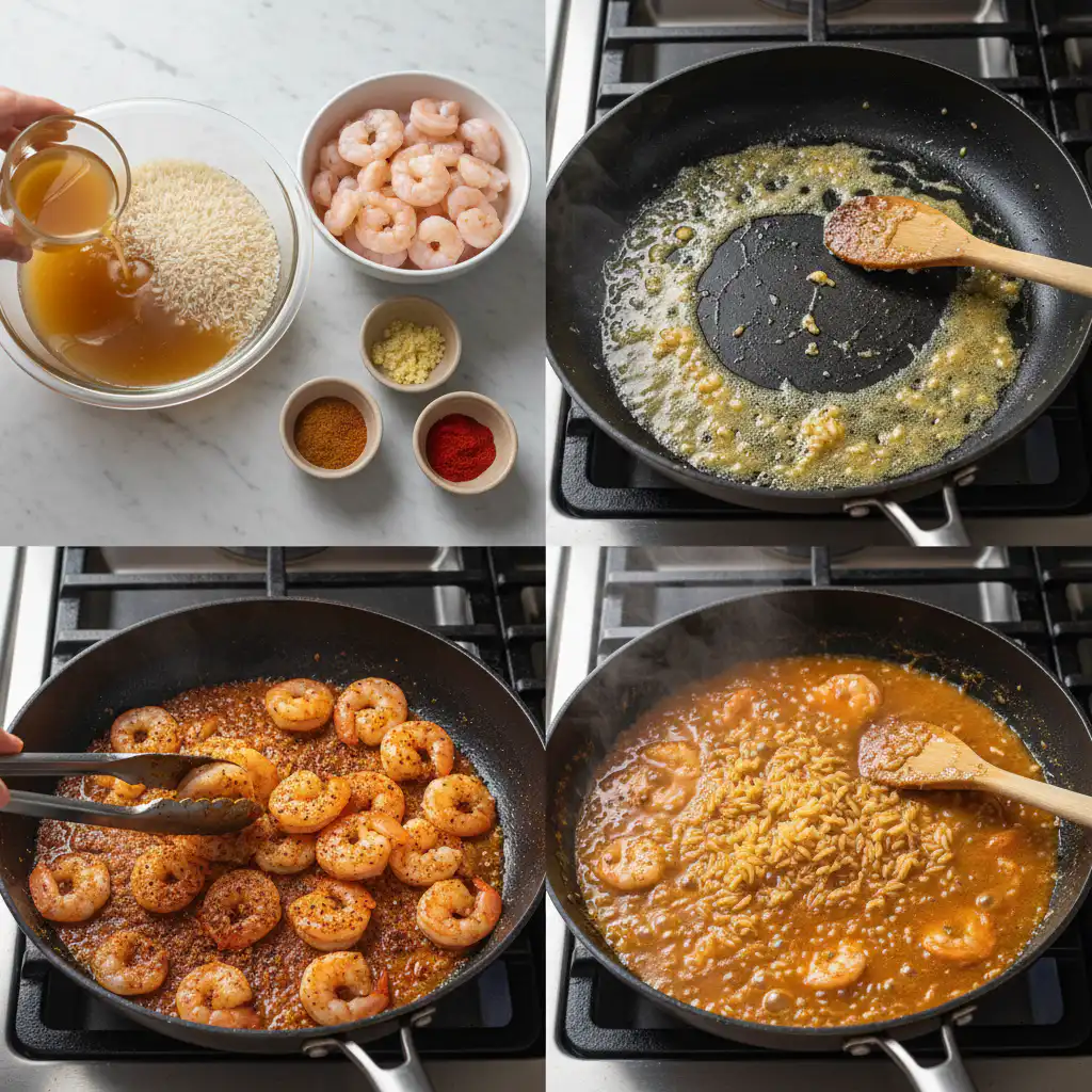 shrimp-and-rice-recipe-prep Someone stirring shrimp and rice in a pan, actively preparing a flavorful shrimp and rice recipe.
