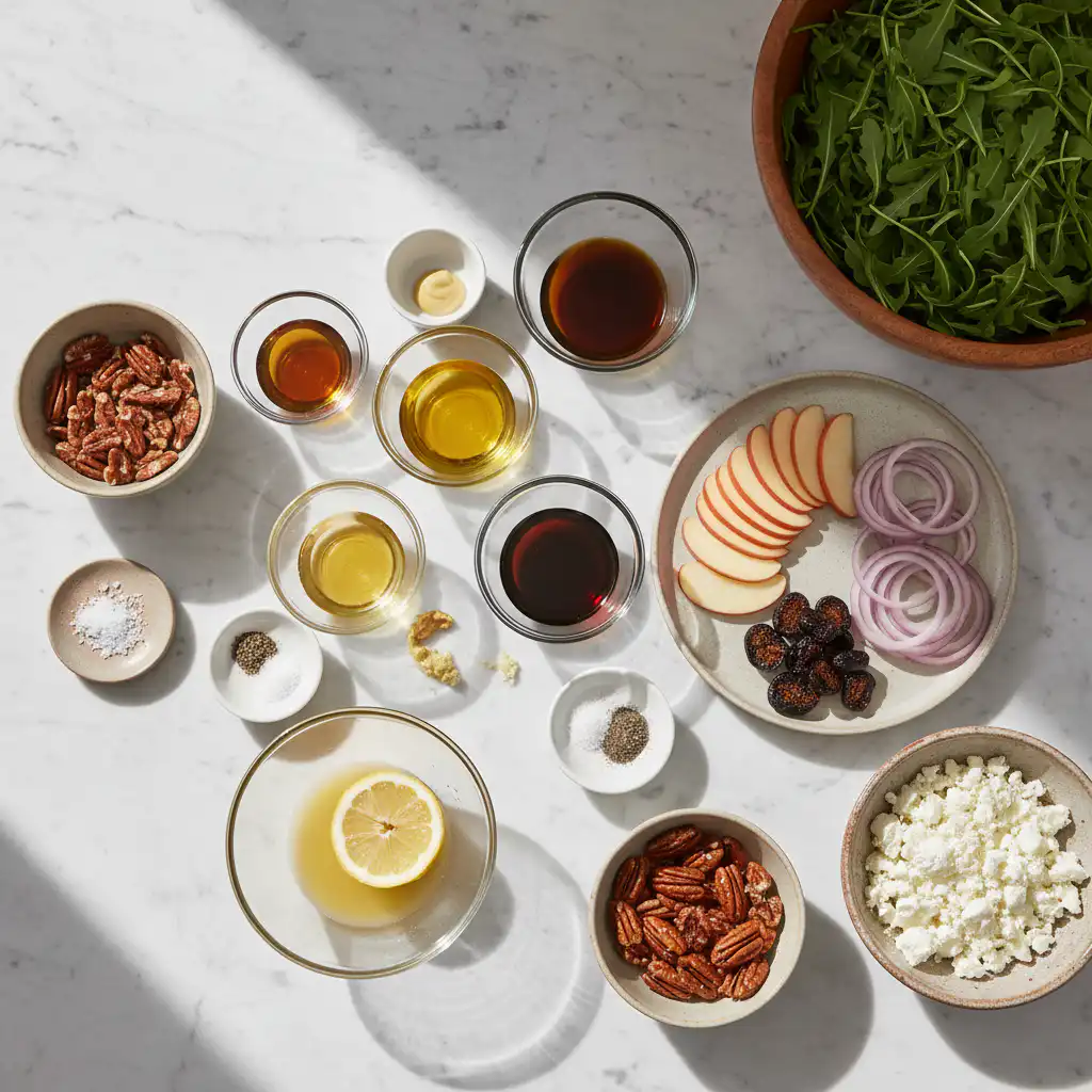 simple-apple-arugula-salad-with-goat-cheese-ingredients Fresh ingredients laid out for a simple apple arugula salad with goat cheese, including crisp apples, peppery arugula, and creamy goat cheese.