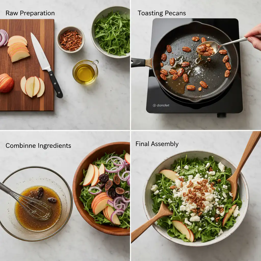 simple-apple-arugula-salad-with-goat-cheese-prep Hands tossing the crisp ingredients of a simple apple arugula salad with goat cheese in a large bowl.