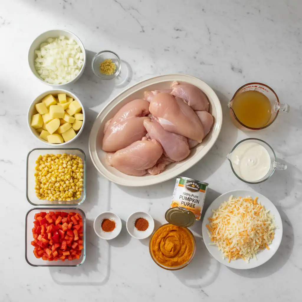 slow-cooker-creamy-pumpkin-chicken-pasta-ingredients Fresh ingredients laid out for making delicious slow cooker creamy pumpkin chicken pasta.