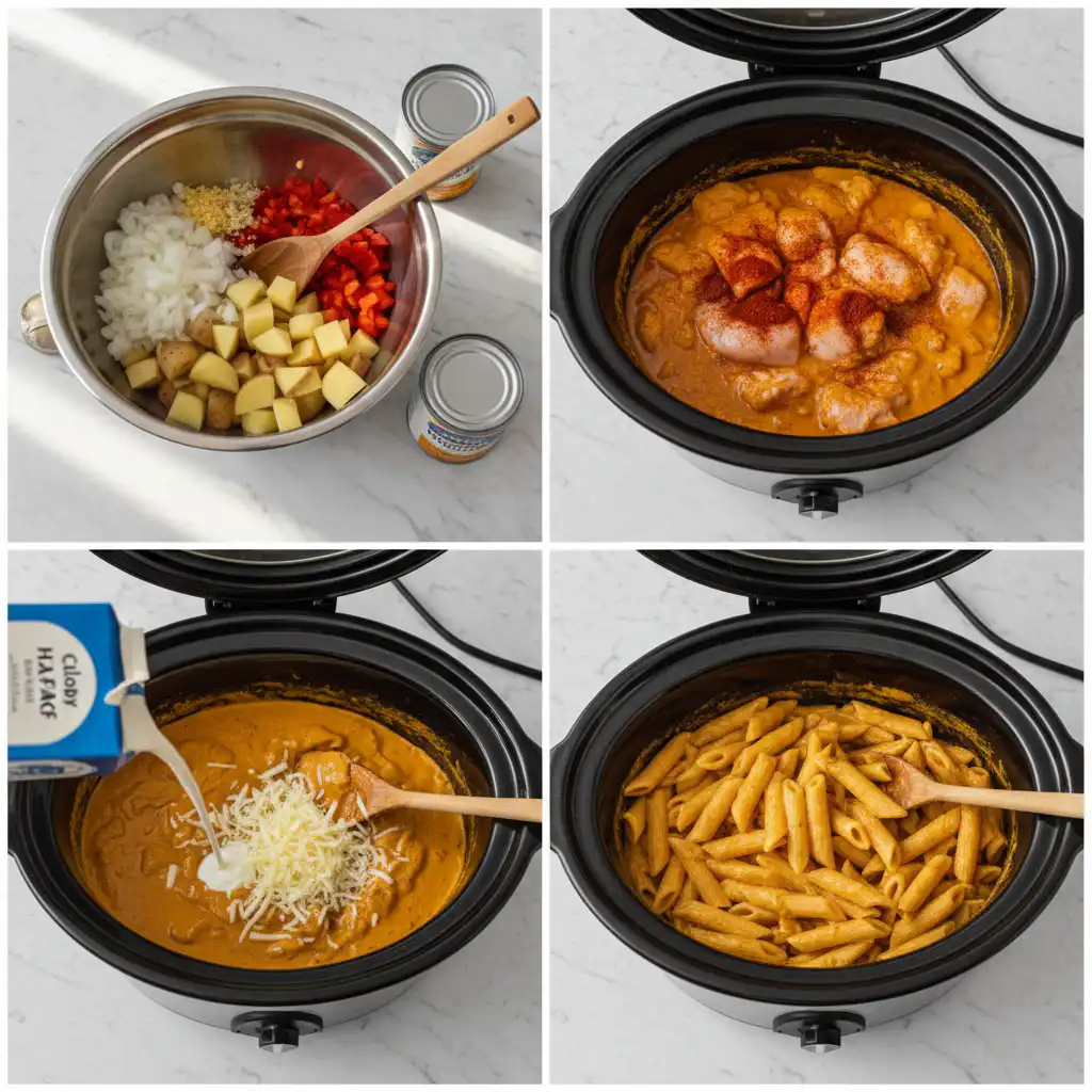slow-cooker-creamy-pumpkin-chicken-pasta-prep A stage of preparation, combining chicken and sauce for slow cooker creamy pumpkin chicken pasta.