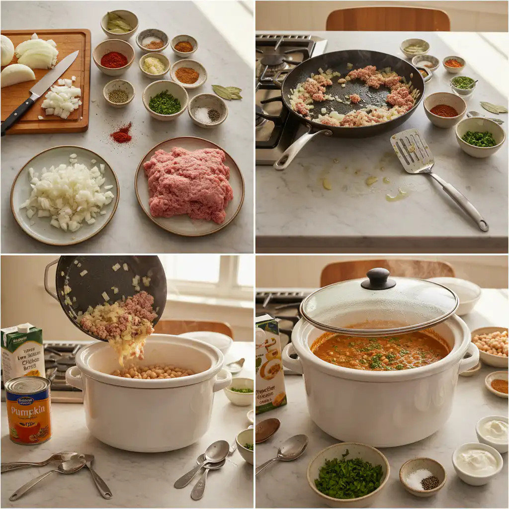 Hands actively preparing Slow Cooker Pumpkin White Bean Turkey Chili by adding ingredients to the slow cooker.