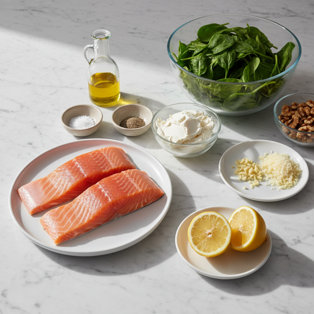 spinach-stuffed-salmon-ingredients A vibrant array of fresh spinach, creamy feta, and plump salmon fillets ready for Spinach Stuffed Salmon.